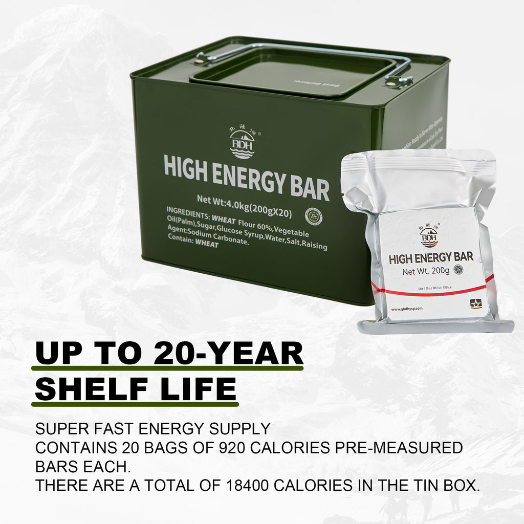 BDH High Energy Bar 18400 Calorie Original Compressed Biscuits | Iron Tin Box 200gx20 bag | MRE Emergency Food Ration Bar Long Shelf-life Survival Preparedness Food Supply