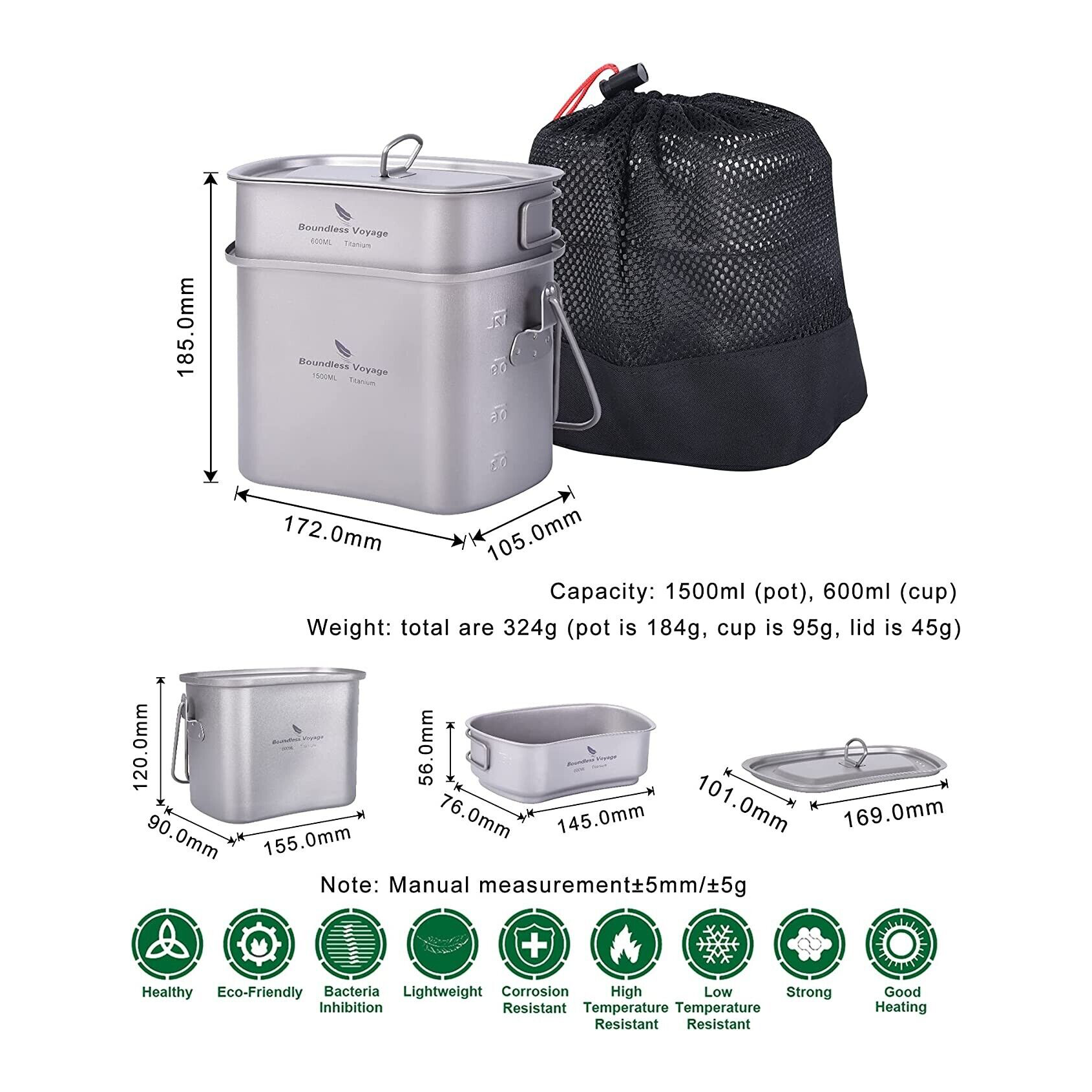 Boundless Voyage Titanium Canteen Cooking Set 1500ml+600ml image 3