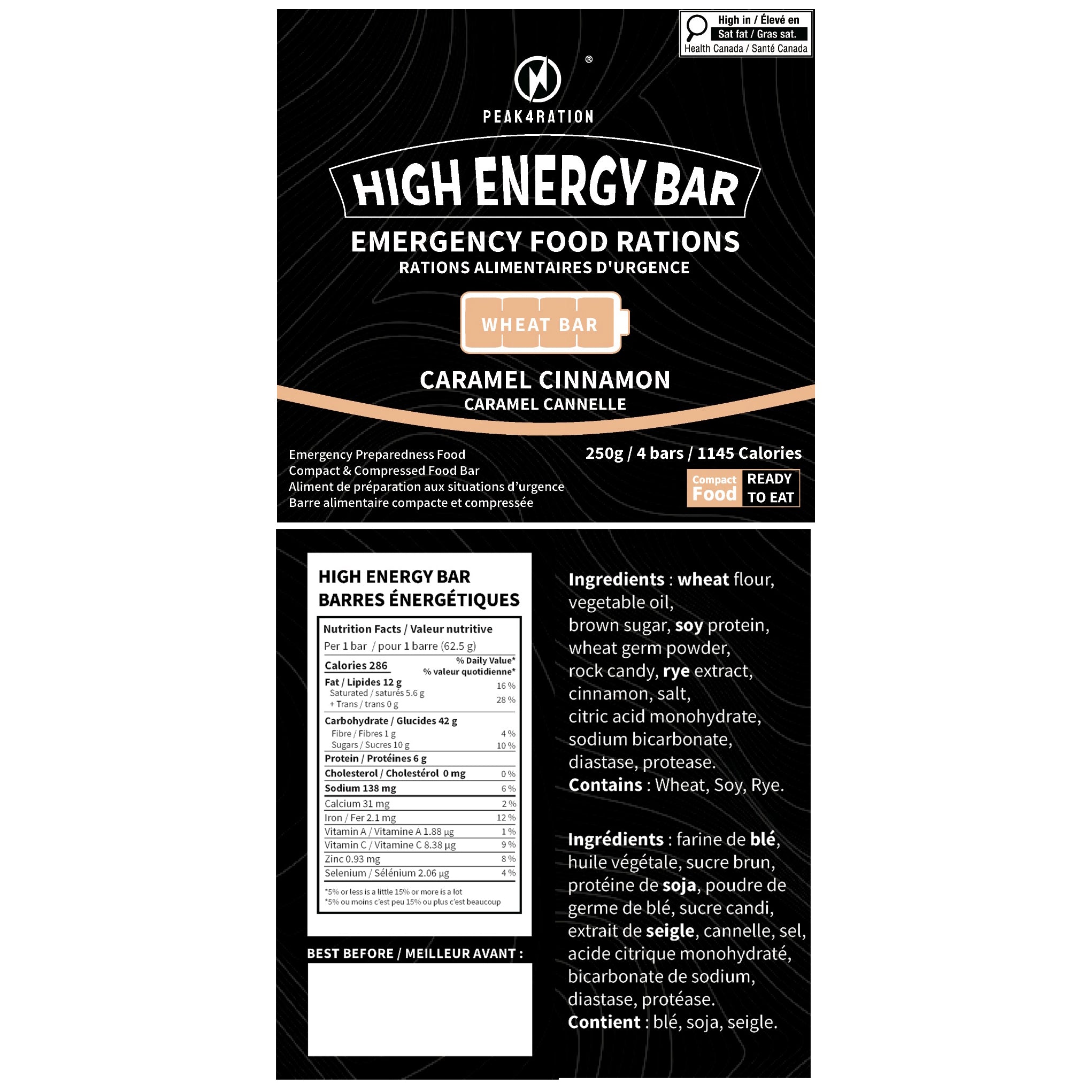 PEAK4RATION High Energy Bar | Emergency Ration Biscuits - Caramel Cinnamon 250g 1145kcal | Long Shelf-Life Compressed Biscuits - Compact Survival Food Ration Bar