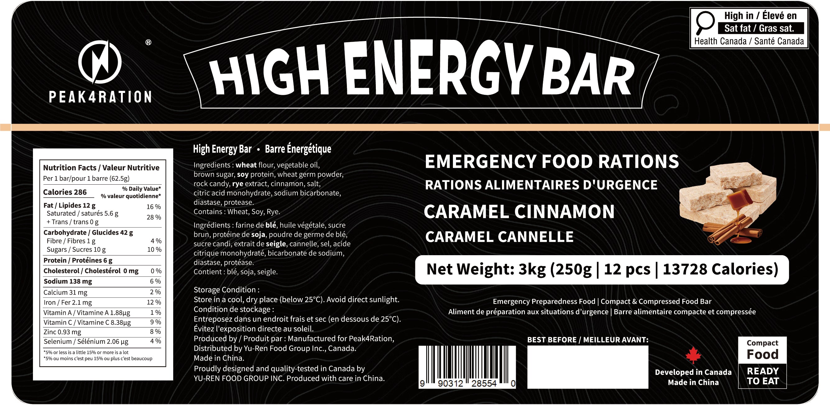 PEAK4RATION High Energy Bar | Emergency Ration Biscuits - Caramel Cinnamon 13728kcal | Long Shelf-Life Compressed Biscuits - 12 Day Package 3kg