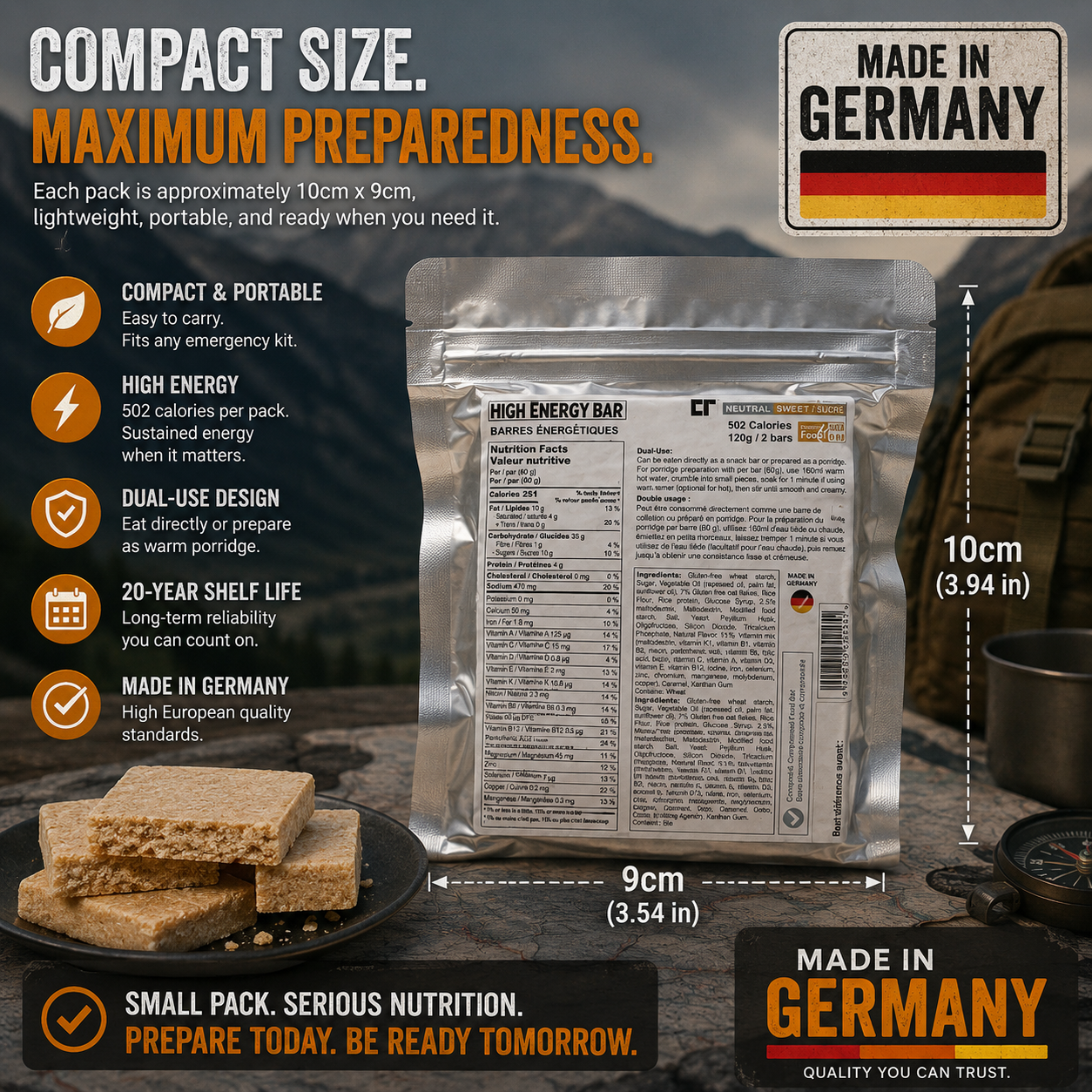 PEAK4RAION Emergency Food Ration Bars 4518kcal 1.08kg | Long Shelf-Life Survival Food Biscuits with Hot Porridge Option | Compact MRE Emergency Preparedness Food - Made in Germany
