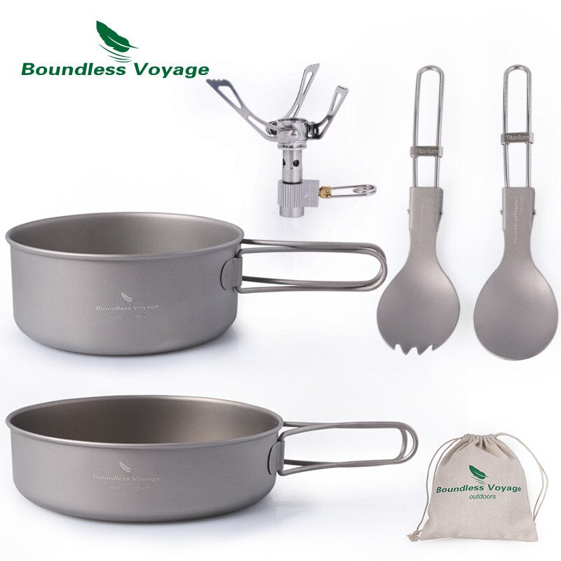 Boundless Voyage Titanium Mess Kit 2 Pots+Spoon+Spork+Stove image 0