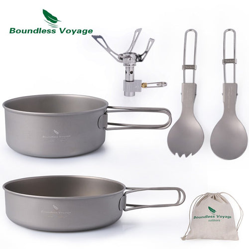 Boundless Voyage Titanium Mess Kit 2 Pots+Spoon+Spork+Stove image 0
