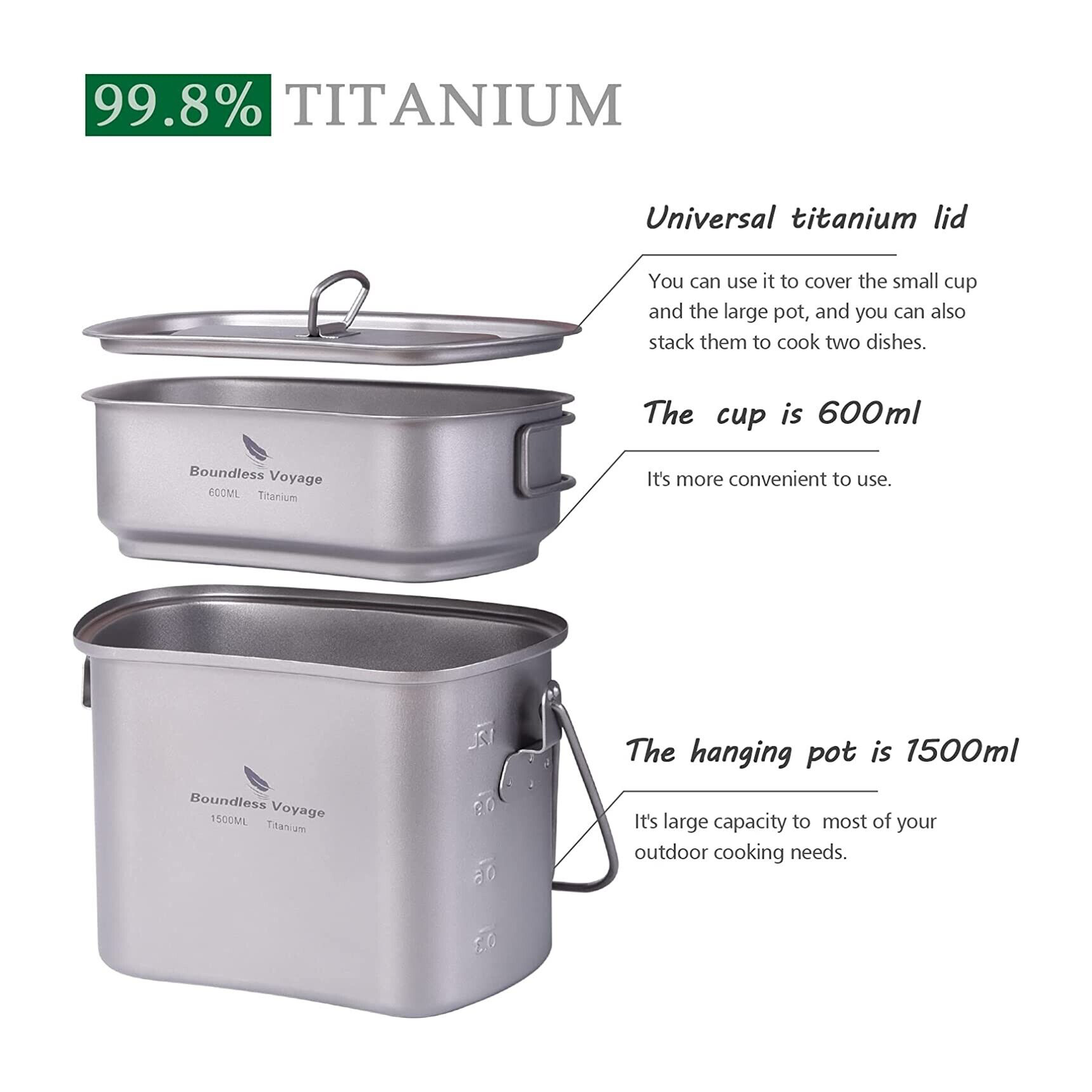 Boundless Voyage Titanium Canteen Cooking Set 1500ml+600ml image 4