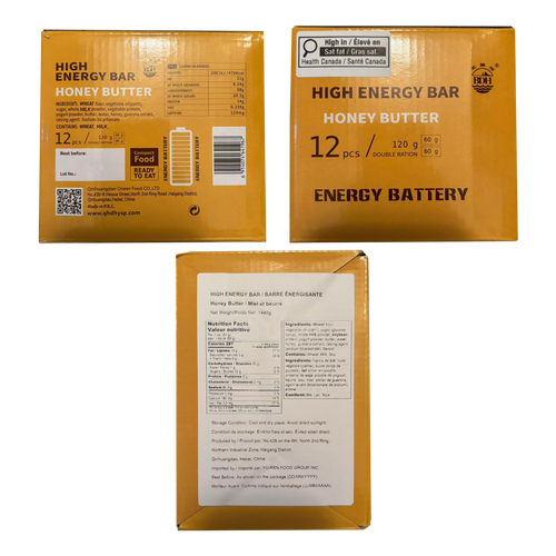 BDH High Energy Bar Honey Butter 6888 Calorie | 120g*12bags MRE Survival Emergency Food Ration Long shelf-life Biscuits