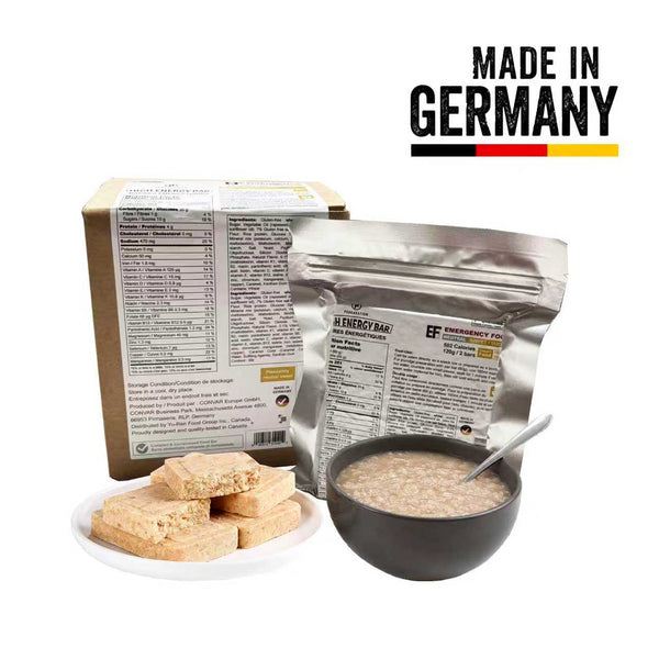 Energy Bar Emergency Food Ration Pack provides approximately 4518 calories in a compact 1.08kg box containing 9 individually packed 120g emergency food packs. Each pack includes 2 separately wrapped high-energy bars that can be eaten directly as ready-to-eat survival food or prepared as a warm smooth porridge by adding hot or warm water, making it ideal for camping, winter storms, blackouts, earthquakes, wildfires, bug out bags, vehicle emergency kits, and long-term food storage. Compact, lightweight, and e