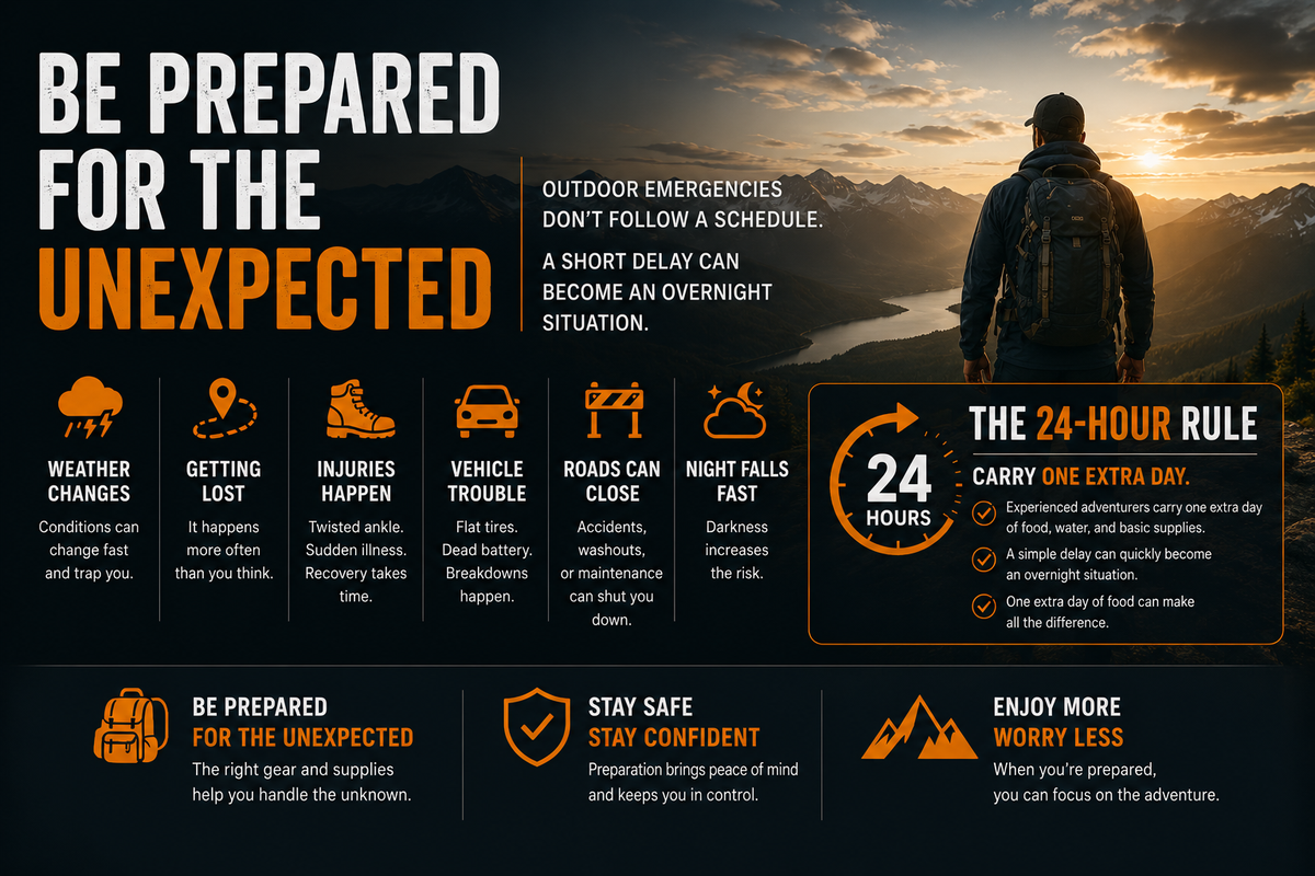Person with a backpack standing on a mountain at sunset, with text about being prepared for outdoor emergencies.