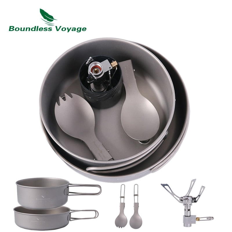 Boundless Voyage Titanium Mess Kit 2 Pots+Spoon+Spork+Stove image 1
