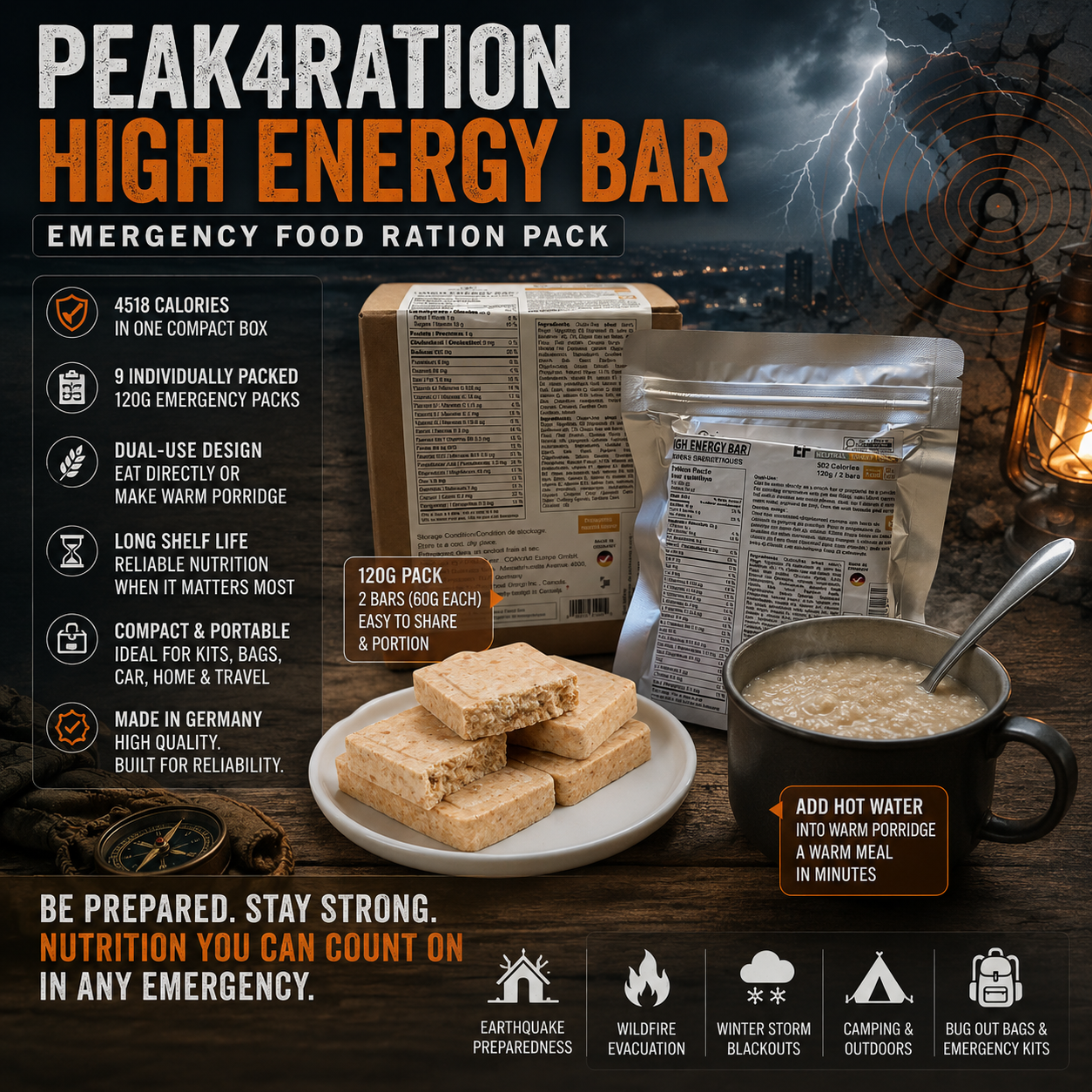PEAK4RAION Emergency Food Ration Bars 4518kcal 1.08kg | Long Shelf-Life Survival Food Biscuits with Hot Porridge Option | Compact MRE Emergency Preparedness Food - Made in Germany