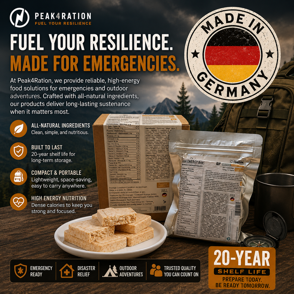 PEAK4RAION Emergency Food Ration Bars 4518kcal 1.08kg | Long Shelf-Life Survival Food Biscuits with Hot Porridge Option | Compact MRE Emergency Preparedness Food - Made in Germany