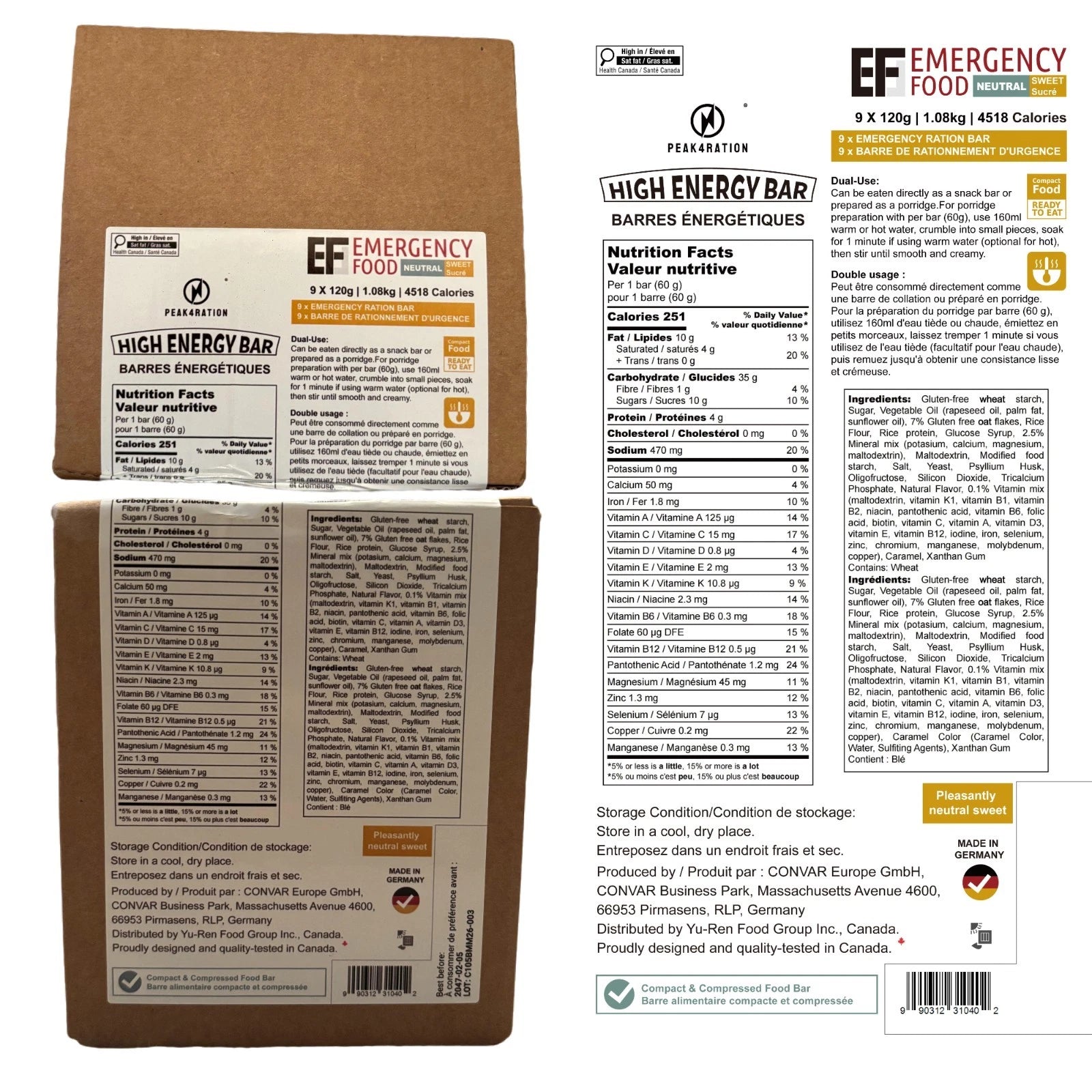 PEAK4RAION Emergency Food Ration Bars 4518kcal 1.08kg | Long Shelf-Life Survival Food Biscuits with Hot Porridge Option | Compact MRE Emergency Preparedness Food - Made in Germany
