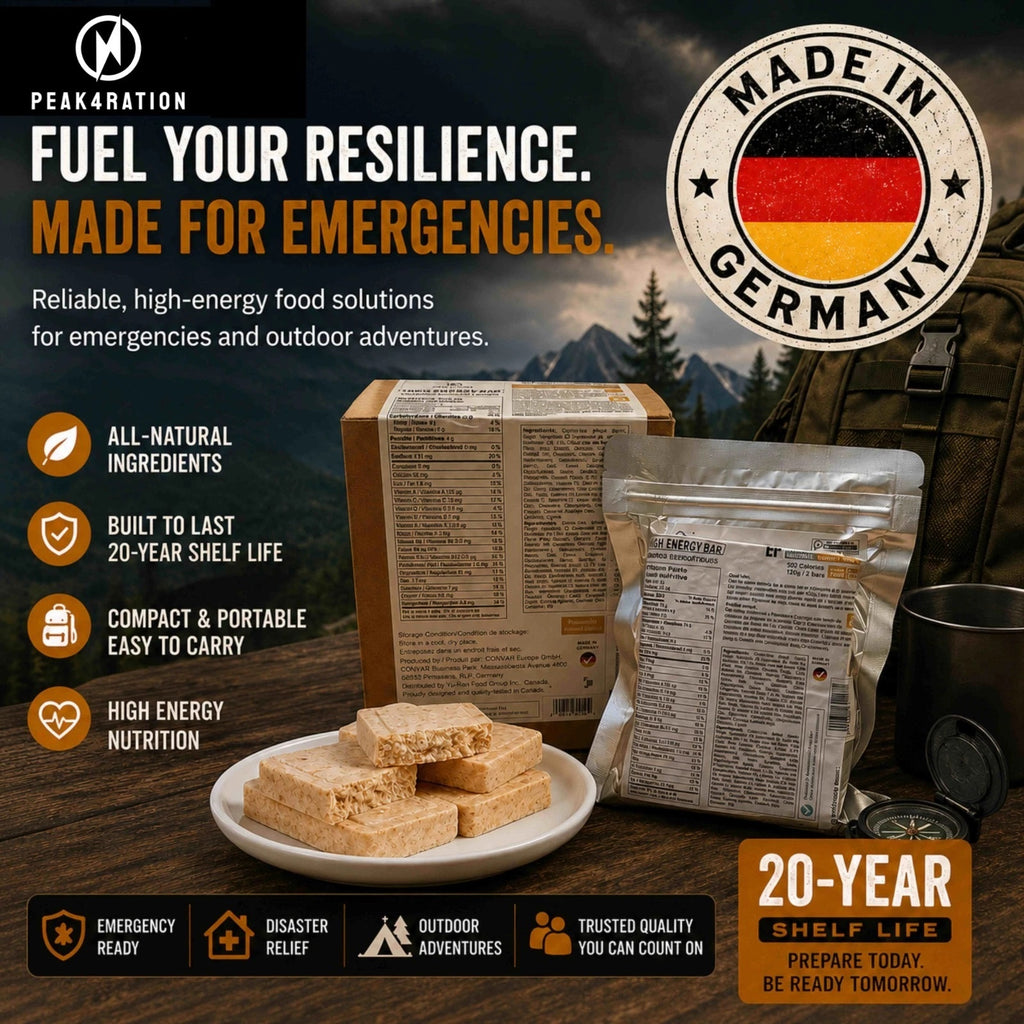 PEAK4RAION Emergency Food Ration Bars 4518kcal 1.08kg | Long Shelf-Life Survival Food Biscuits with Hot Porridge Option | Compact MRE Emergency Preparedness Food - Made in Germany
