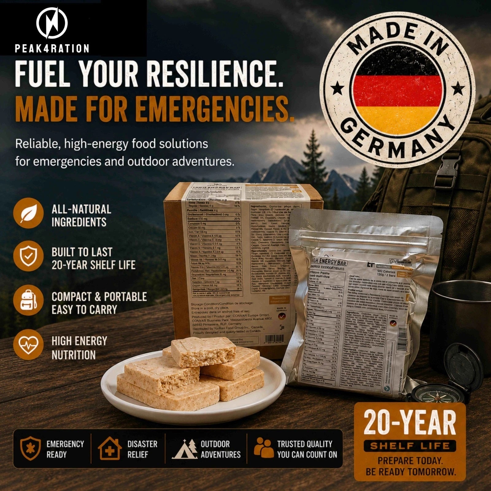PEAK4RAION Emergency Food Ration Bars 4518kcal 1.08kg | Long Shelf-Life Survival Food Biscuits with Hot Porridge Option | Compact MRE Emergency Preparedness Food - Made in Germany